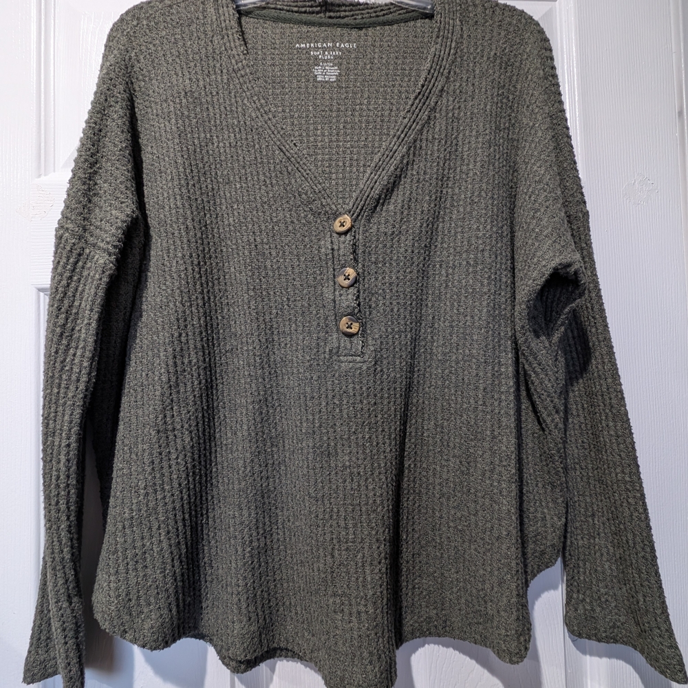 Womens American Eagle Green Waffle Knit Sweater Top